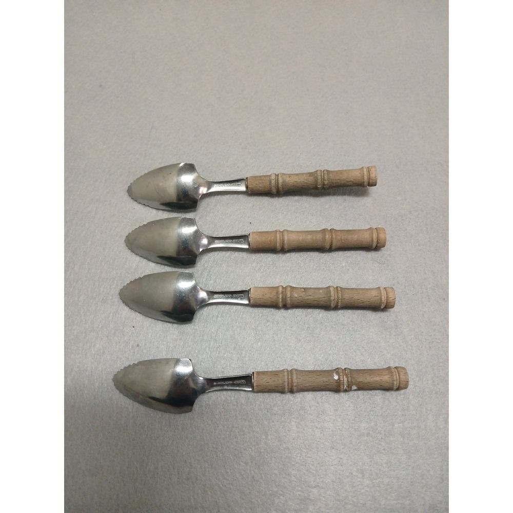 Set of 4 Vintage Bamboo Handle Grapefruit Spoons Serrated Tip Stainless Japan - Picture 3 of 4